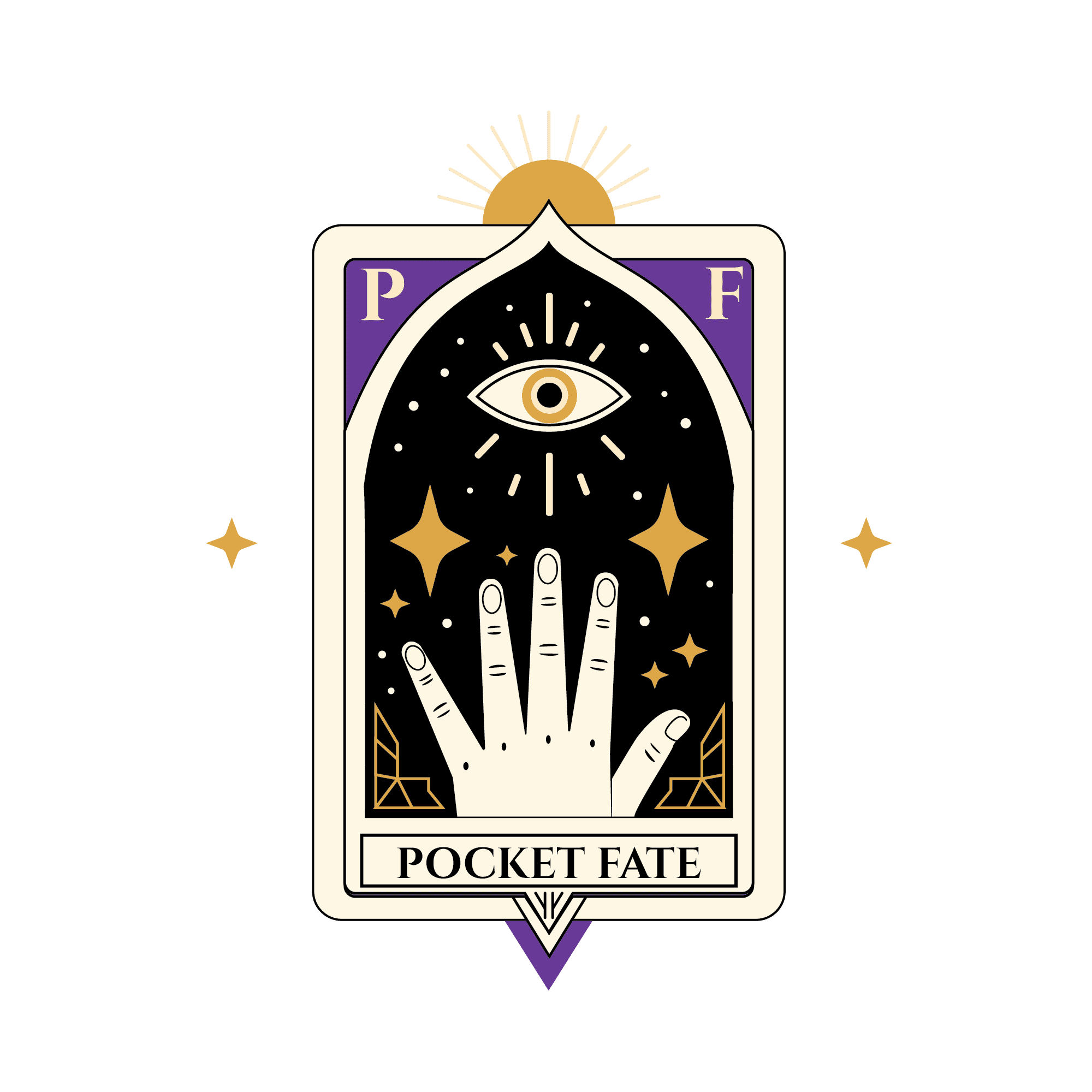 Pocket Fate tarot logo with mystical hand, eye symbol, and sunburst in black, gold, and purple